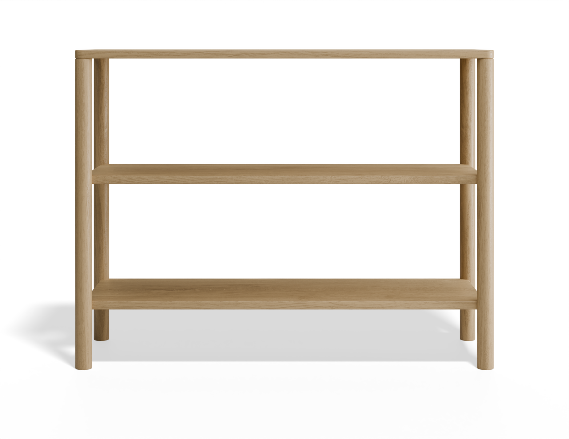 Front view of 2 tier bookshelf made from American oak.