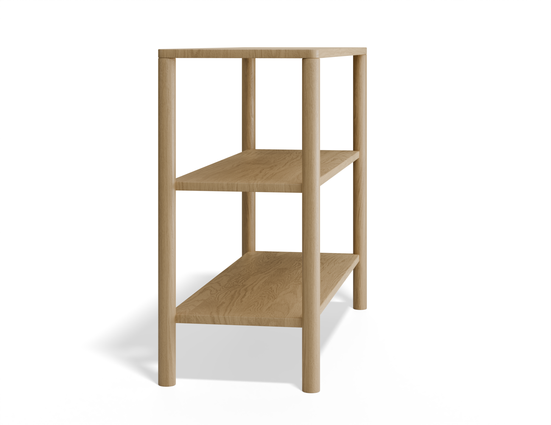 Slightly angled side view of 2 tier bookshelf made from American oak.