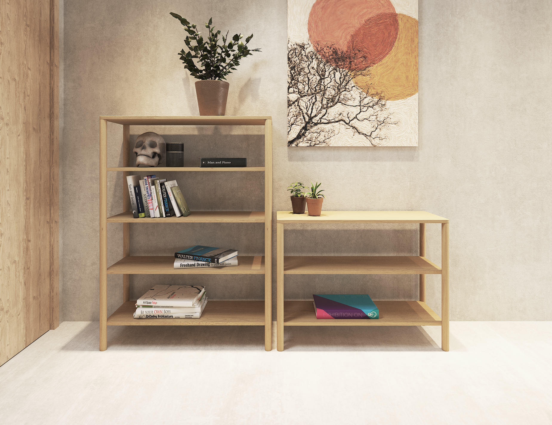 A 2 tier and 4 tier bookshelf side by side made from American oak with assorted books and vases displayed on them with a painting on the wall behind.