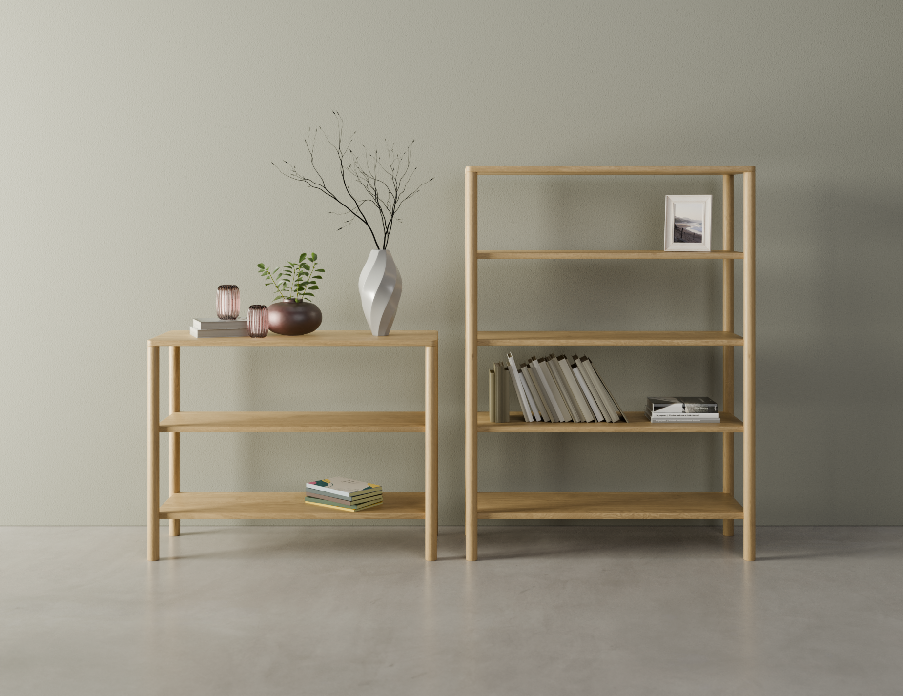 A 2 tier and 4 tier bookshelf side by side made from American oak displaying assorted books and vases on a polished concrete floor.