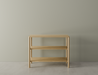 Front view of a 2 tier bookshelf made from American oak on a polished concrete floor.