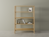 Wooden bookshelf with 4 shelves, 1 with books on it, in a natural American oak finish on a polished concrete floor.