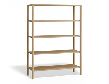 Slightly angled front view of a wooden bookshelf with 4 shelves in a natural American oak finish.