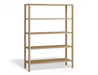 Slightly angled front view of a wooden bookshelf with 4 shelves in a natural American oak finish.