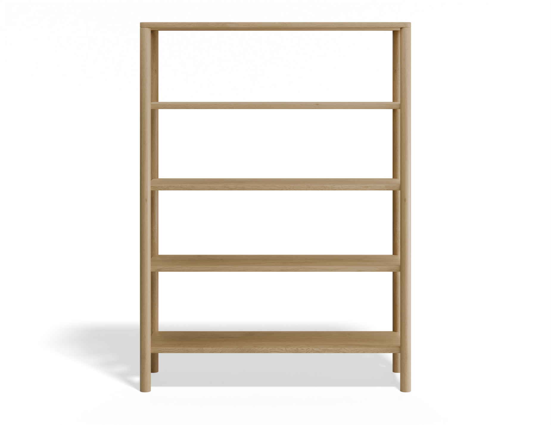 Front view of a wooden bookshelf with 4 shelves in a natural American oak finish.