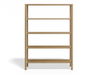 Front view of a wooden bookshelf with 4 shelves in a natural American oak finish.