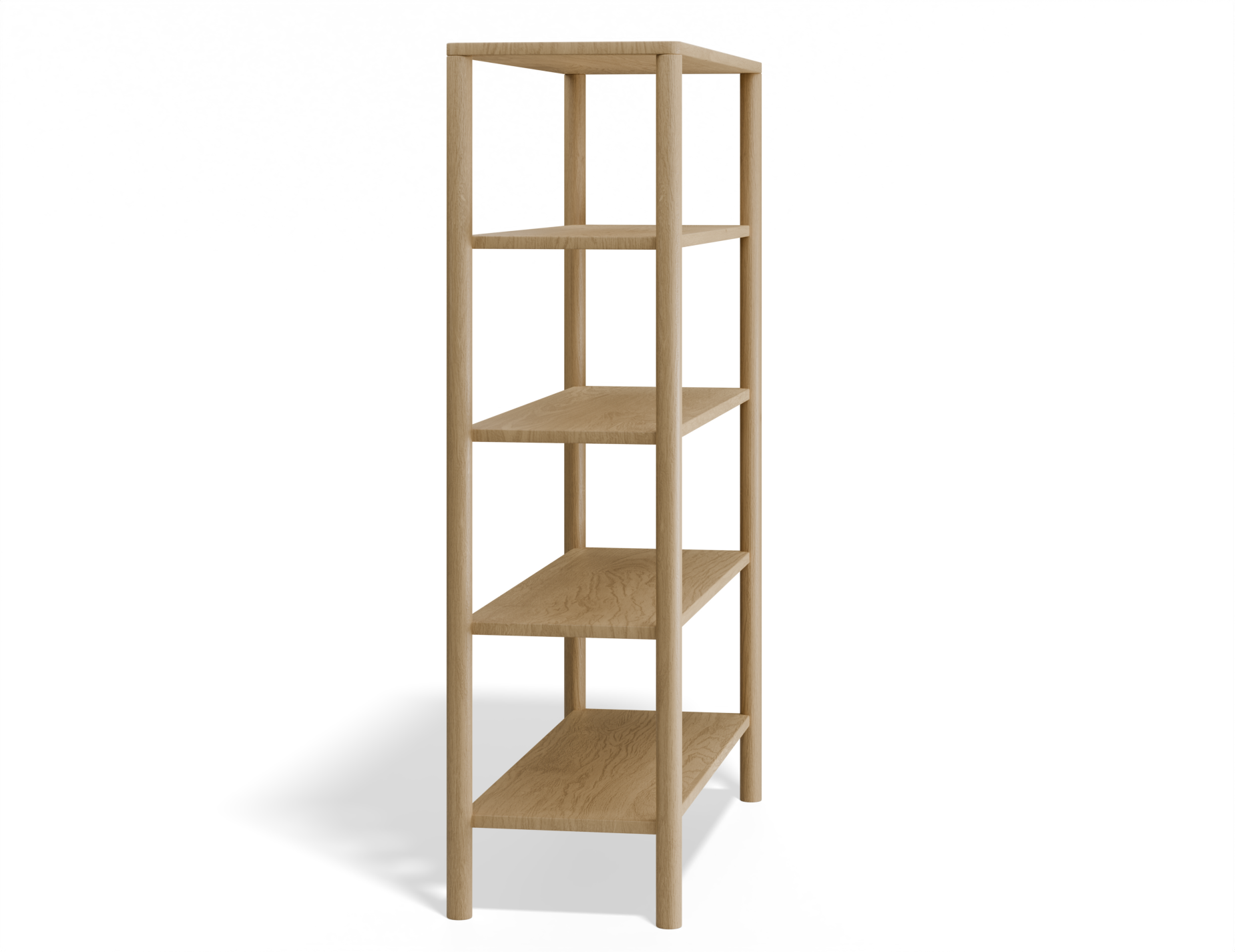 Slightly angled side view of a wooden bookshelf with 4 shelves in a natural American oak finish.