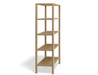 Slightly angled side view of a wooden bookshelf with 4 shelves in a natural American oak finish.