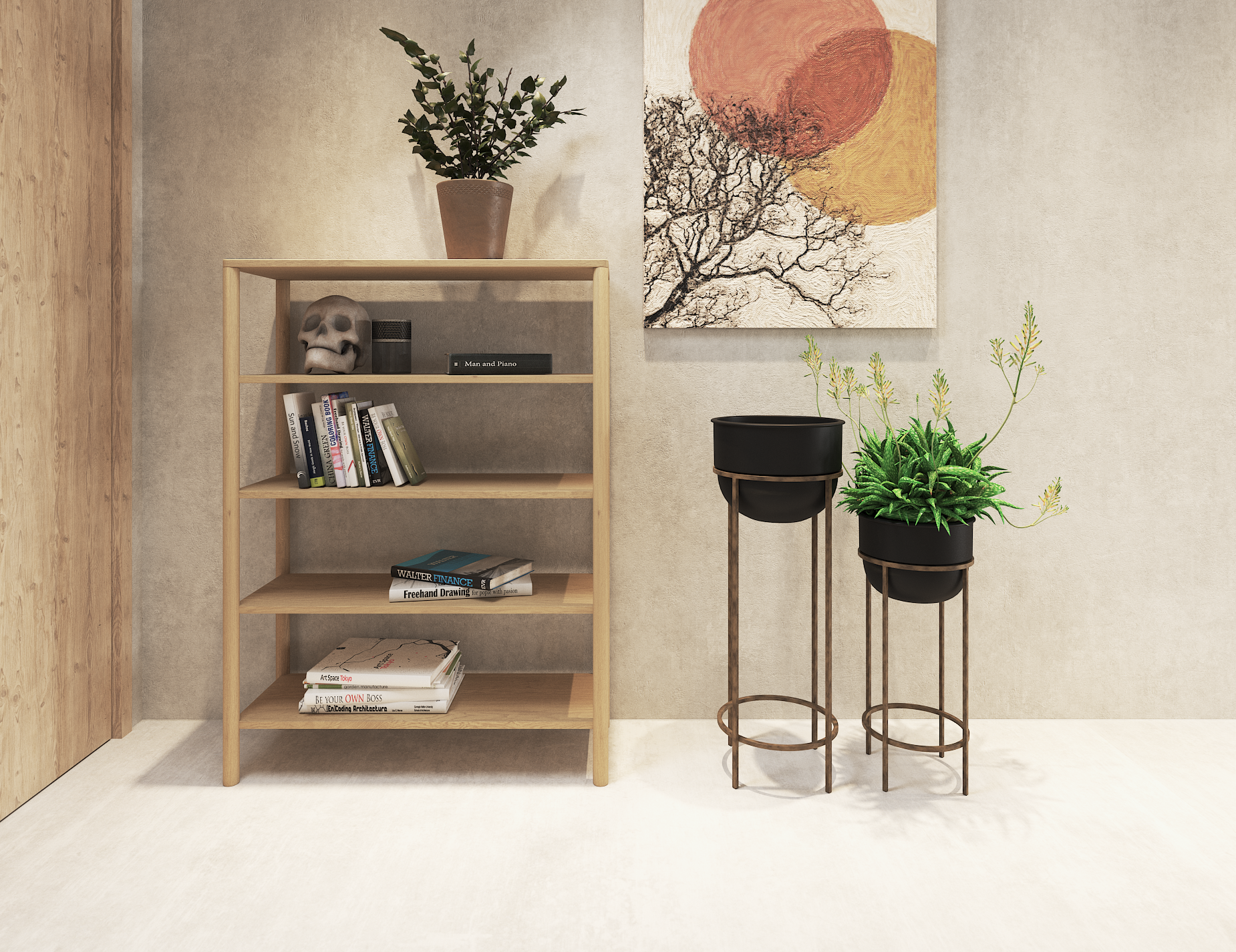 Wooden bookshelf with 4 shelves in a natural American oak finish next to 2 pots in stands with a painting on the wall behind them.