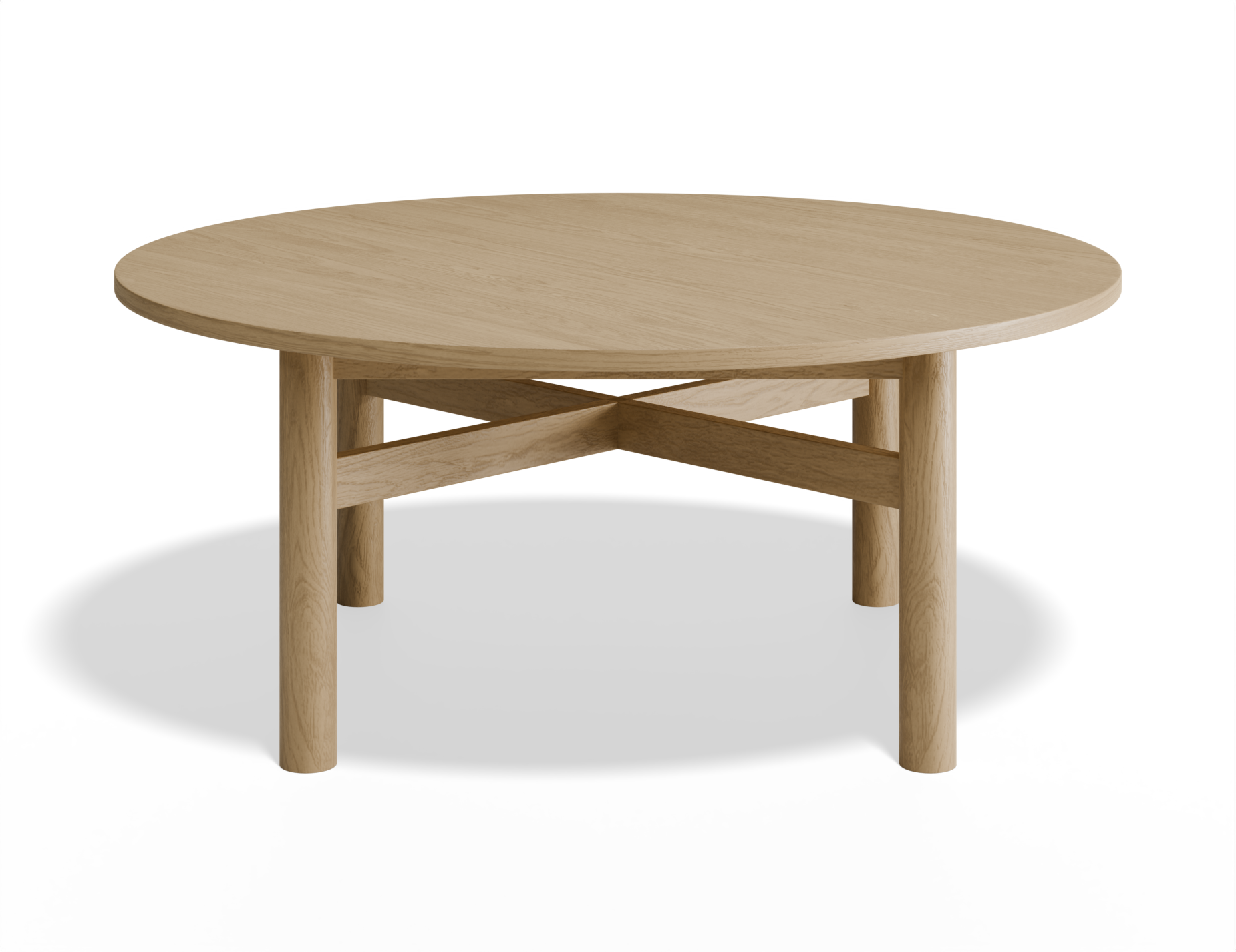 Slight aerial view of Nordica round wooden coffee table in natural oak finish
