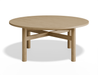 Slight aerial view of Nordica round wooden coffee table in natural oak finish