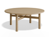 Slightly angle aerial view of a Nordica round wooden coffee table in natural oak finish.