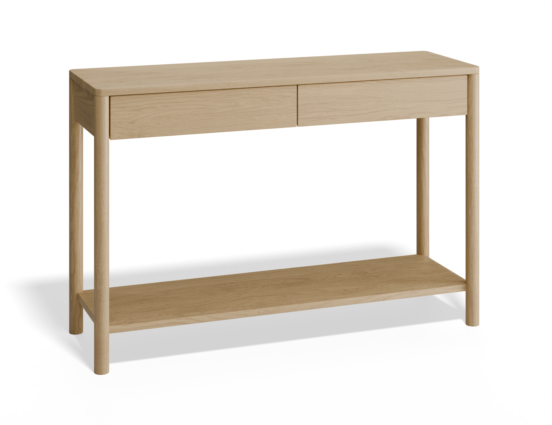 Slightly angle front view of Nordica wooden console table in natural oak finish with 2 drawers.