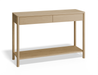 Slightly angle front view of Nordica wooden console table in natural oak finish with 2 drawers.