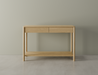 Front view of Nordica wooden console table in natural oak finish with 2 drawers on a polished concrete floor.