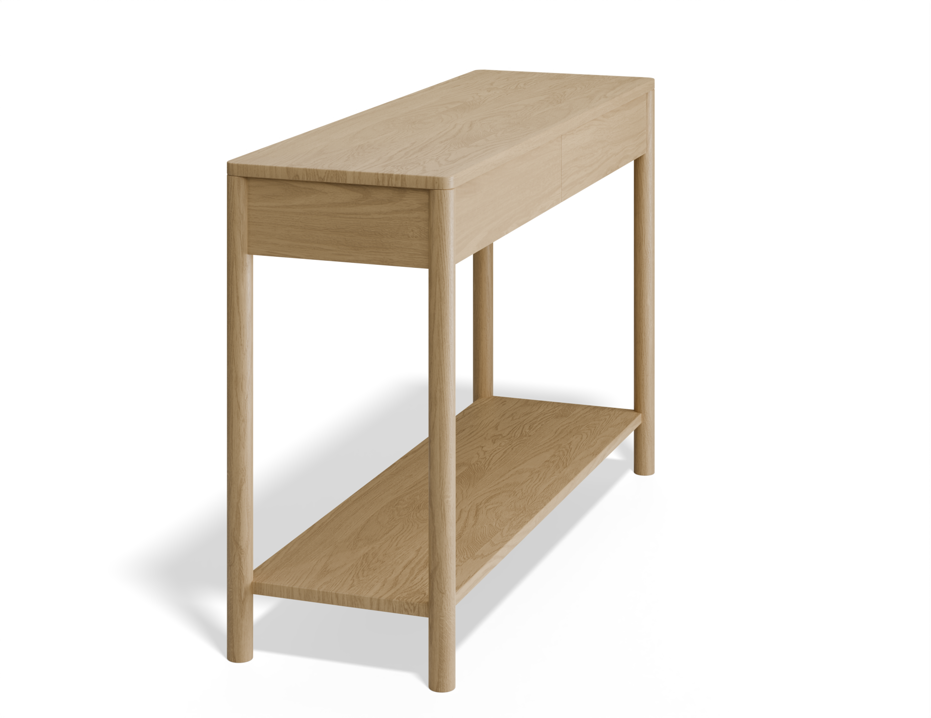 Slightly angled side view of Nordica wooden console table in natural oak finish with 2 drawers.
