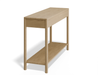 Slightly angled side view of Nordica wooden console table in natural oak finish with 2 drawers.