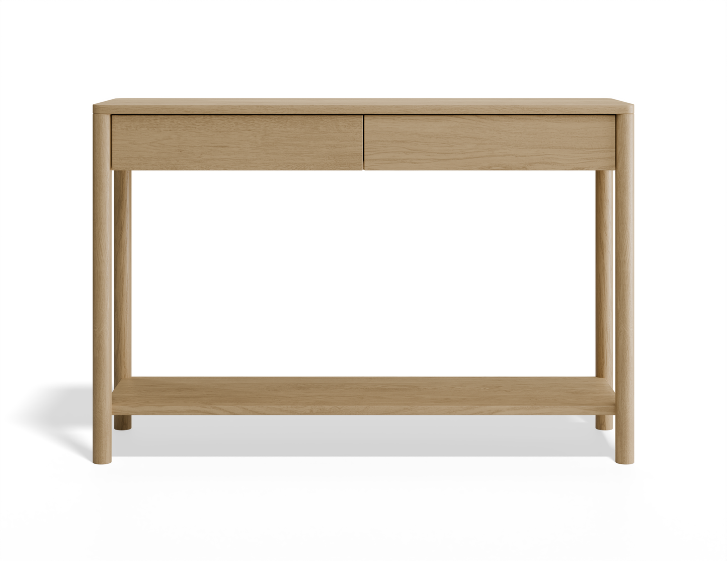 Front view of Nordica wooden console table in natural oak finish with 2 drawers.