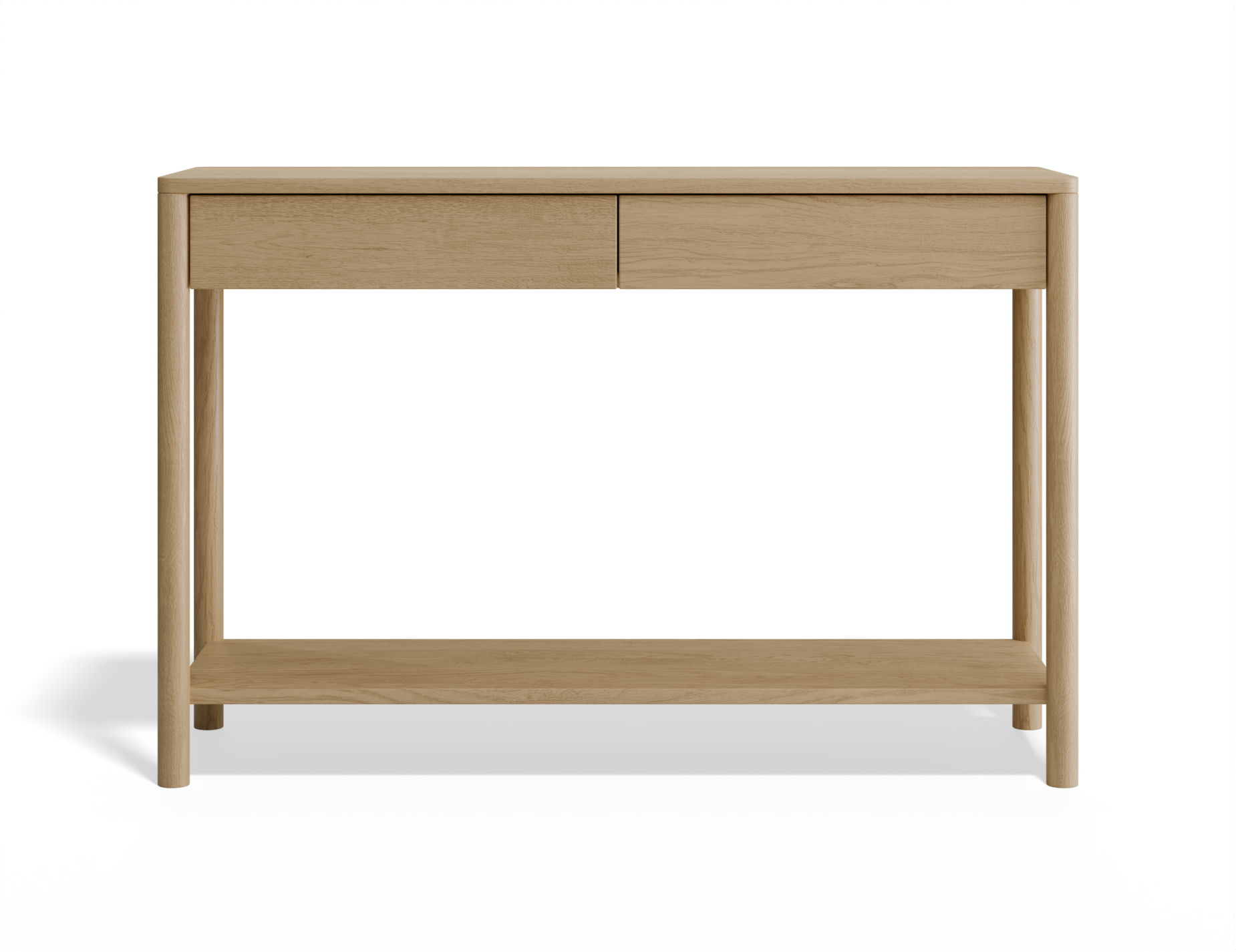 Front view of Nordica wooden console table in natural oak finish with 2 drawers.
