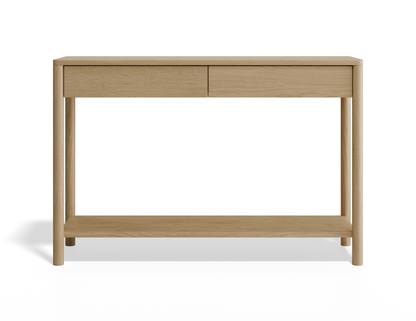 Front view of Nordica wooden console table in natural oak finish with 2 drawers.