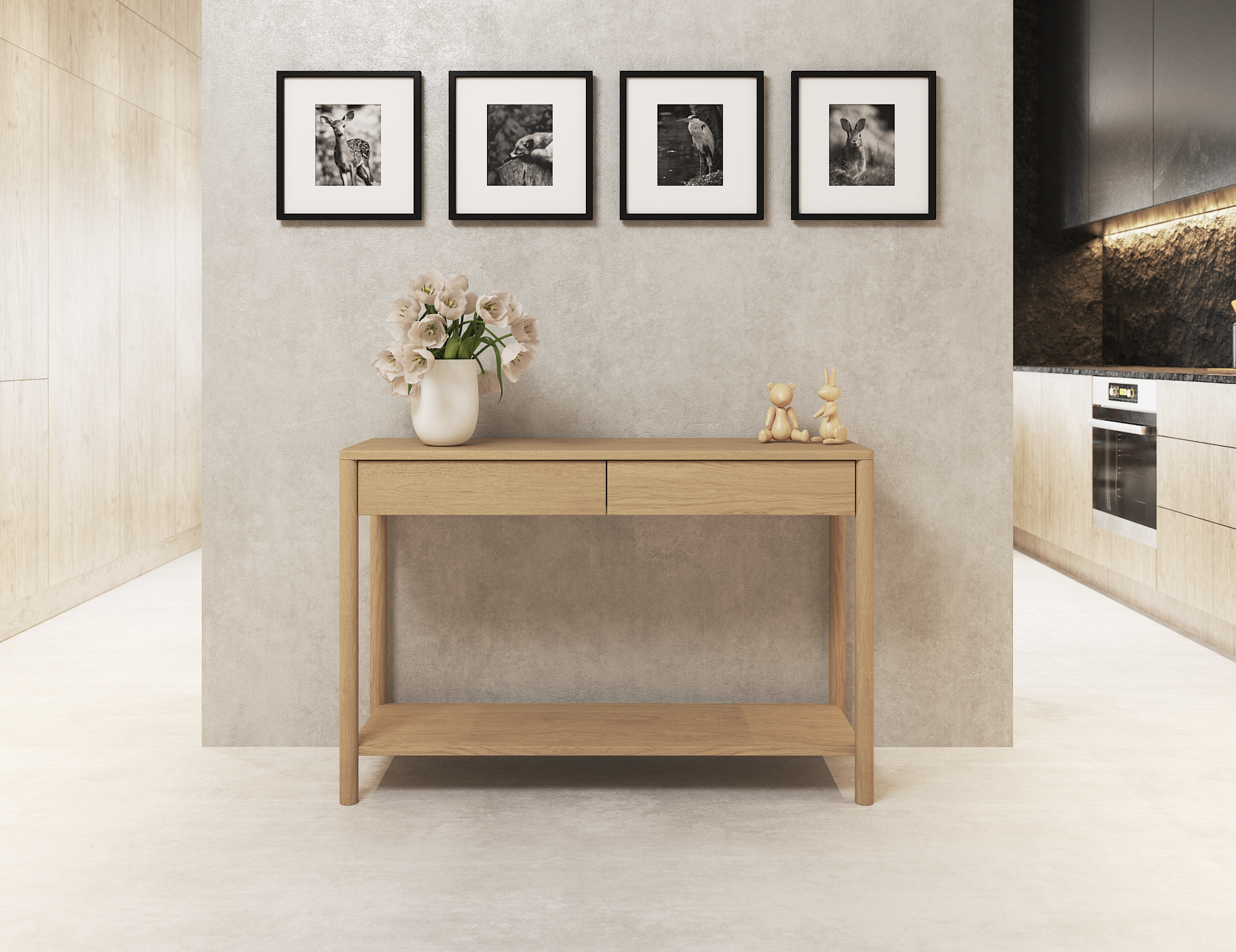 Nordica wooden console table in natural oak finish with 2 drawers with a vase against a concrete wall with 4 pictures hanging above.