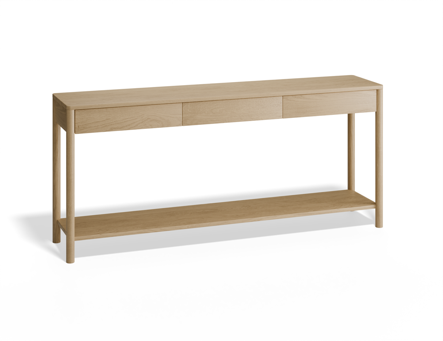 Slightly angled front view of Nordica wooden console table in natural oak finish with 3 drawers.