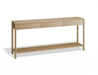 Slightly angled front view of Nordica wooden console table in natural oak finish with 3 drawers.