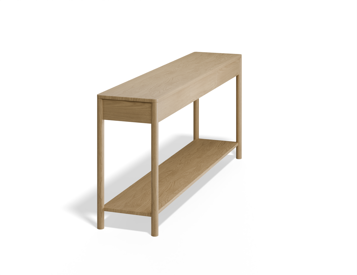 Slightly angled side view of Nordica wooden console table in natural oak finish with 3 drawers.