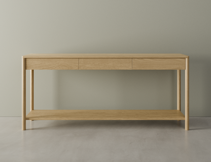Front view of Nordica wooden console table in natural oak finish with 3 drawers on a polished concrete floor.