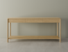 Front view of Nordica wooden console table in natural oak finish with 3 drawers on a polished concrete floor.