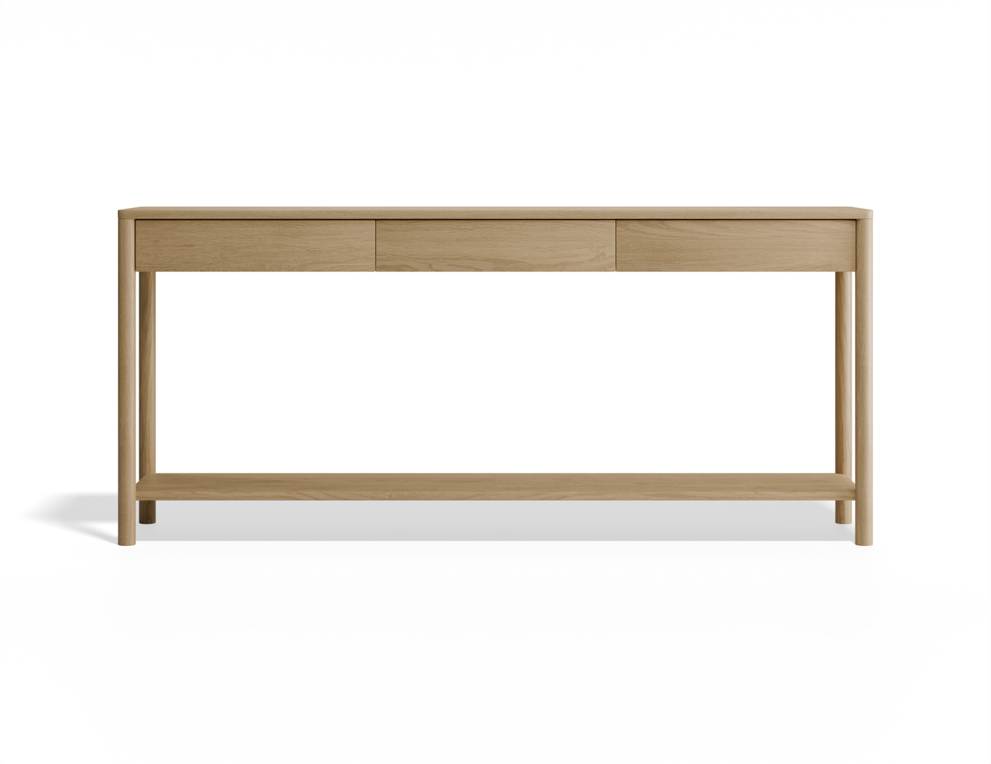 Front view of Nordica wooden console table in natural oak finish with 3 drawers.