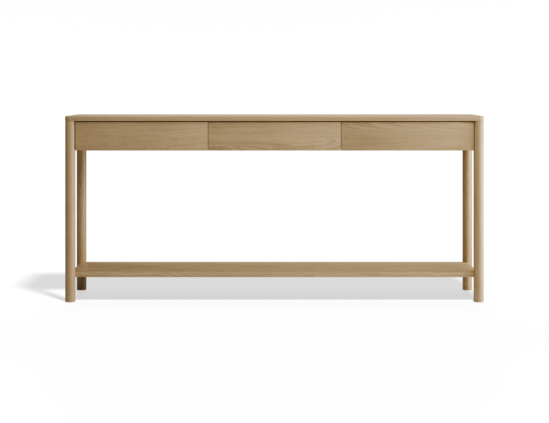Front view of Nordica wooden console table in natural oak finish with 3 drawers.