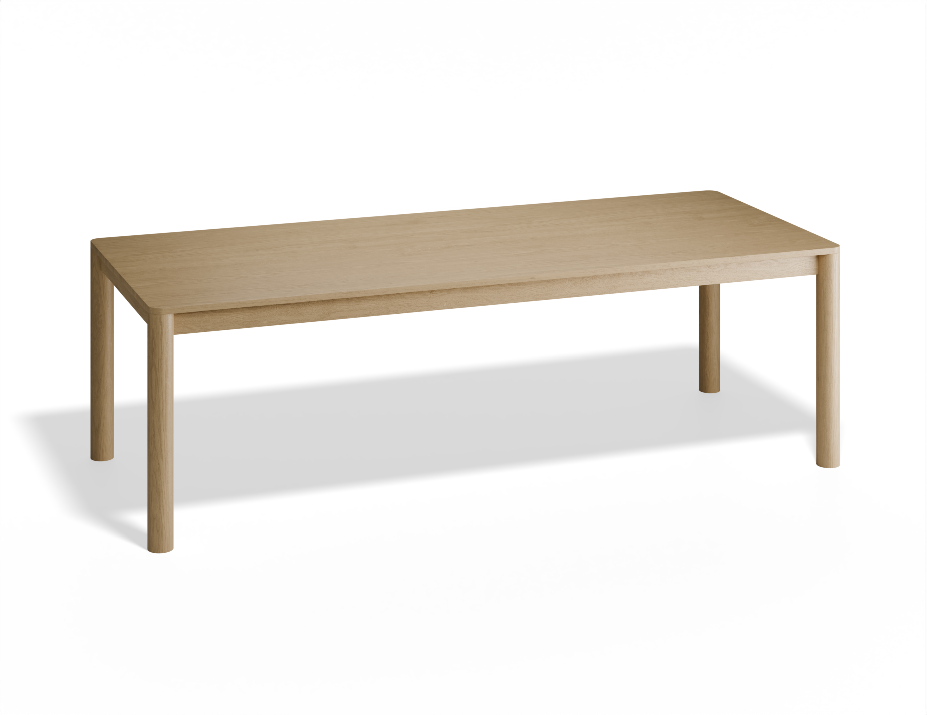 Slightly angled front view of a large Nordica wooden dining table in natural oak finish.