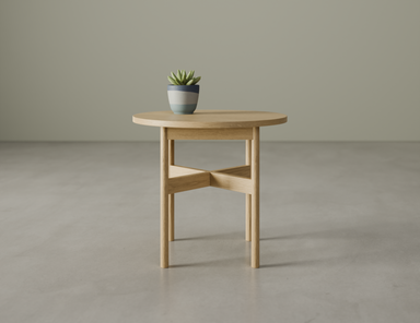 Round side table in natural wood finish with a potted plant on top on a polished concrete floor.