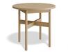 Slightly angled front view of round side table in natural wood finish.