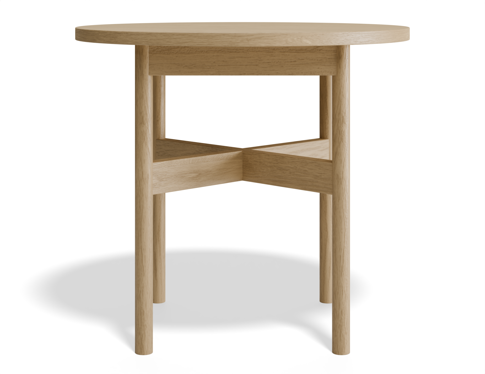 Front view of round side table in natural wood finish.