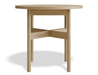 Front view of round side table in natural wood finish.