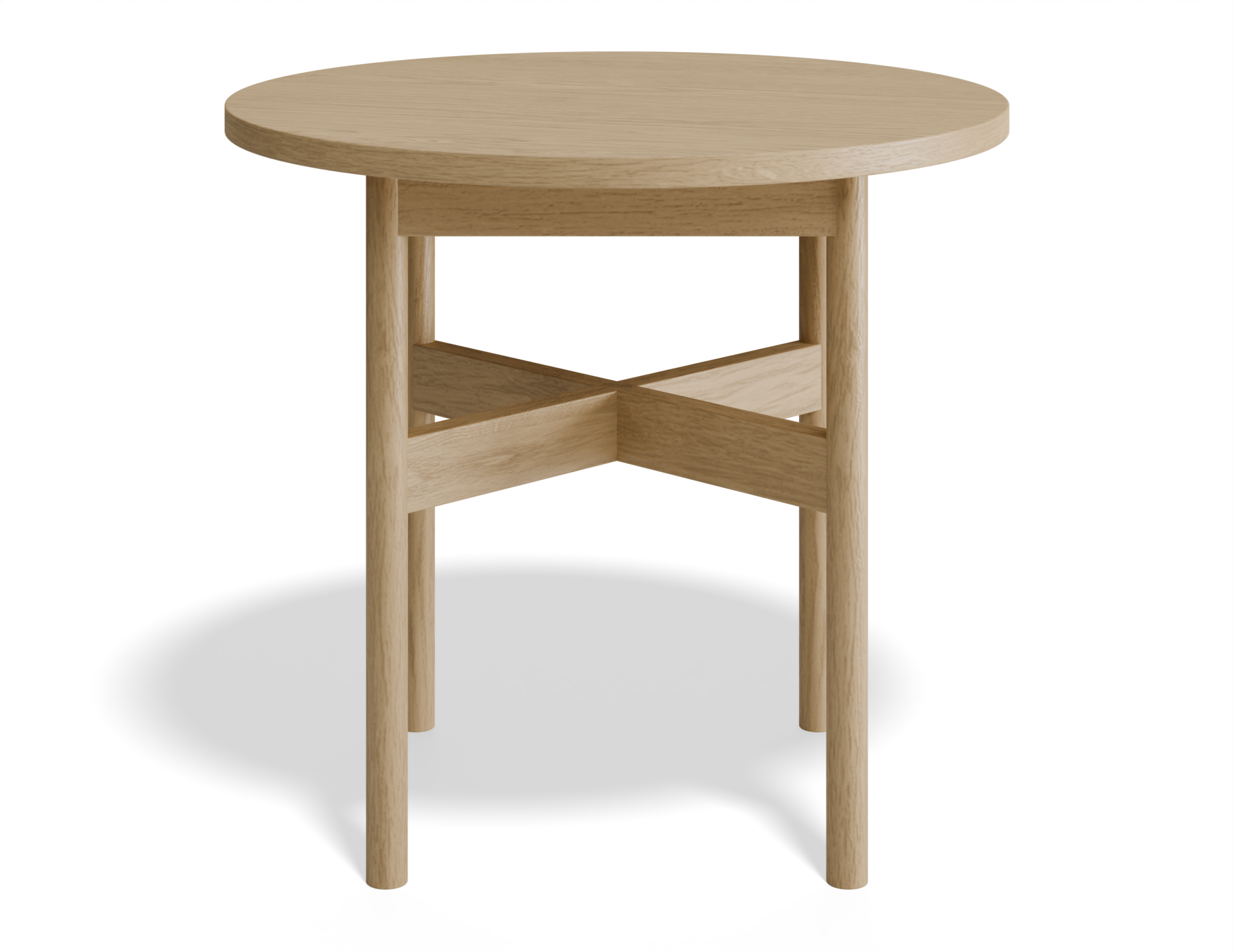 Slight aerial front view of round side table in natural wood finish.
