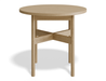 Slight aerial front view of round side table in natural wood finish.
