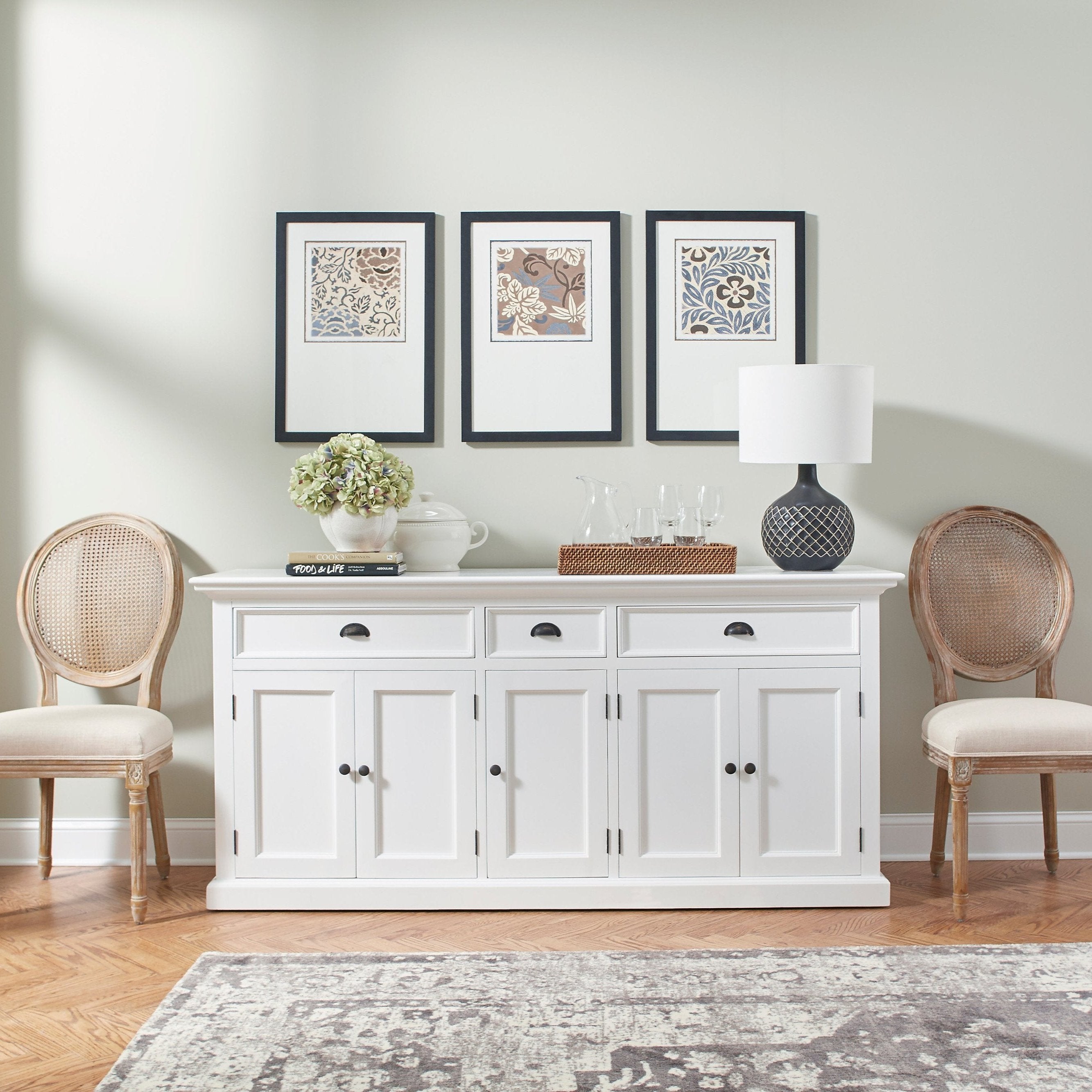 NovaSolo Halifax white wooden buffet with 5 doors and 3 drawers with antique brass hardware