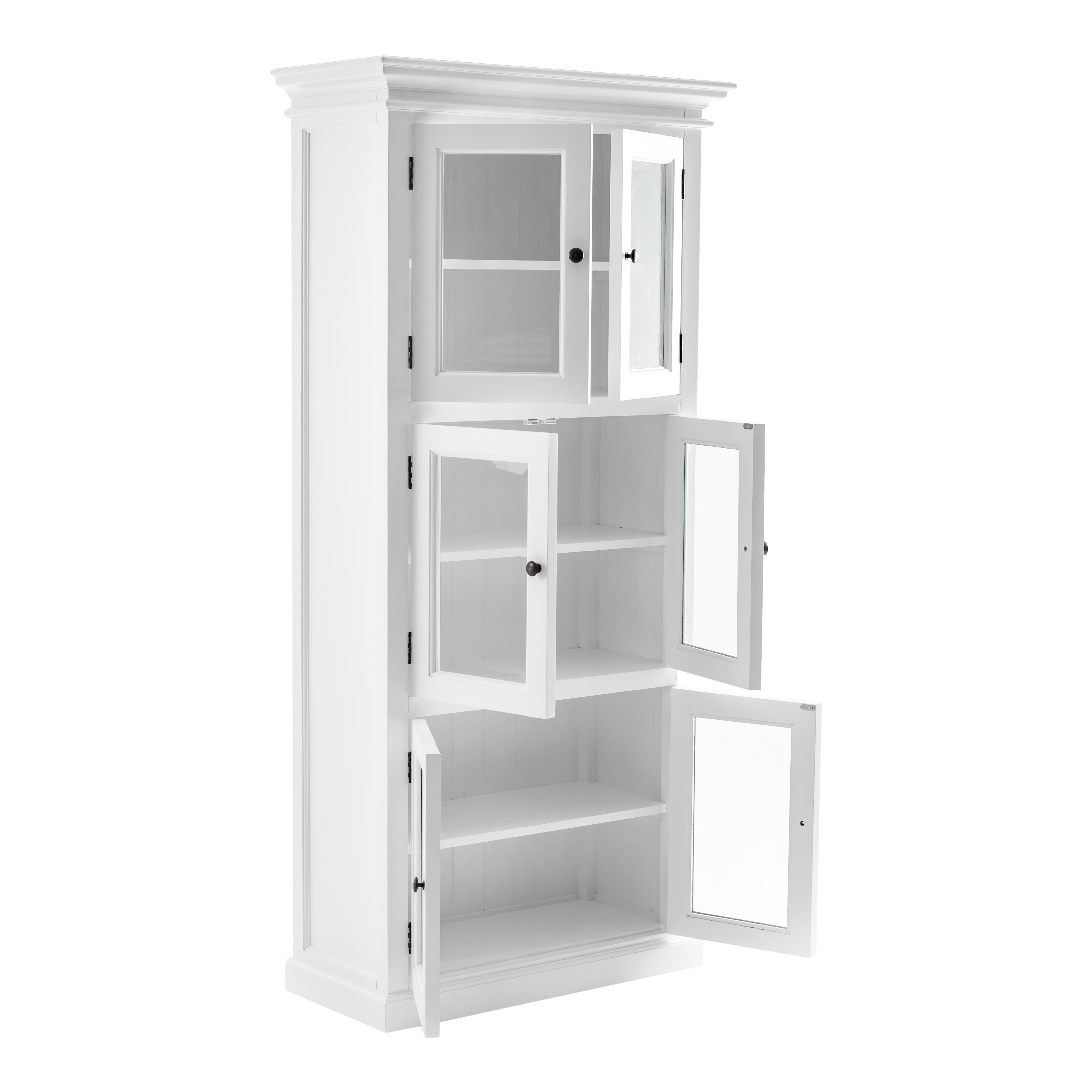 Slightly angled front view of traditional 3 level white timber pantry cabinet with 6 glass doors which a opened at different widths.