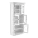 Slightly angled front view of traditional 3 level white timber pantry cabinet with 6 glass doors which a opened at different widths.