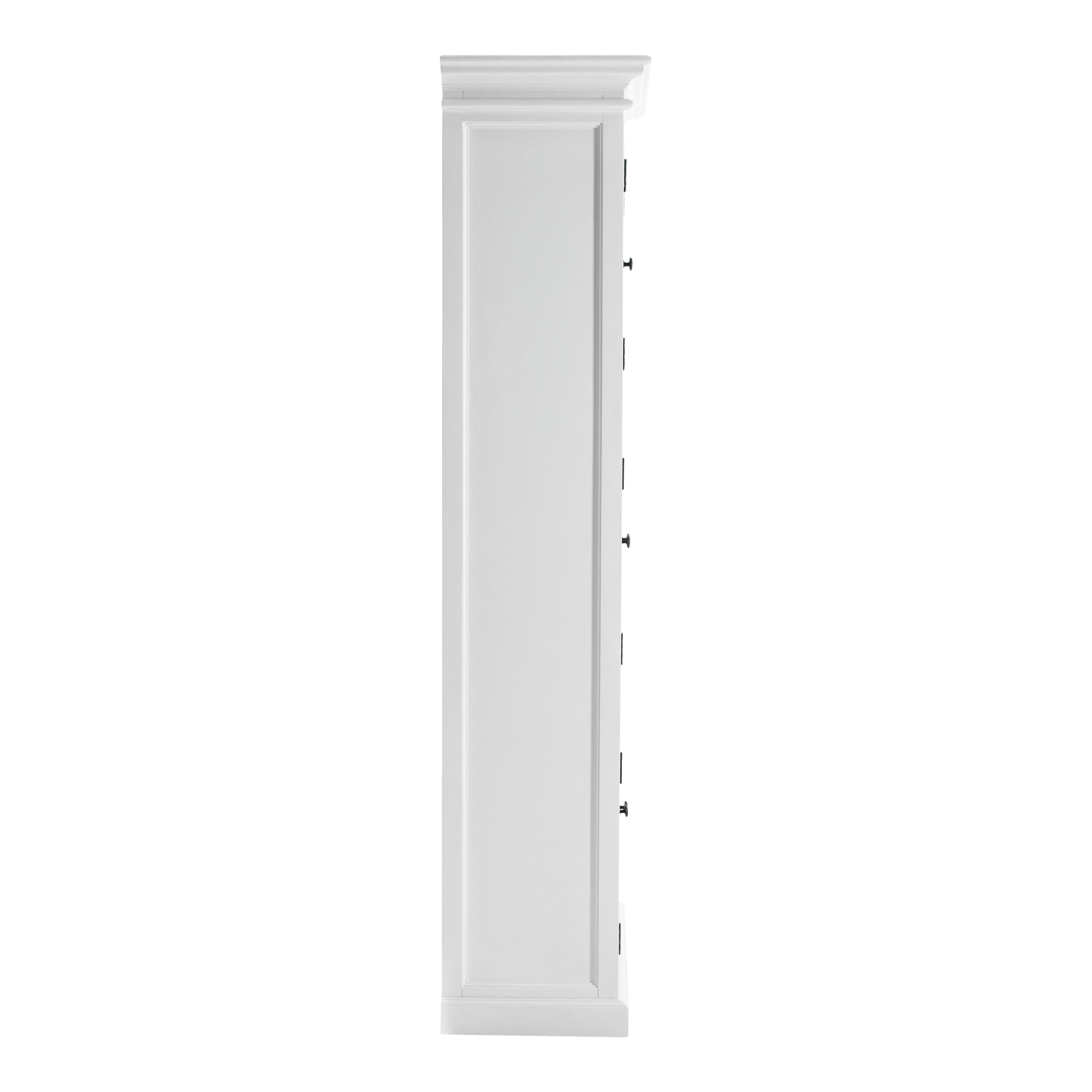 Side view of traditional 3 level white timber pantry cabinet with 6 glass doors.