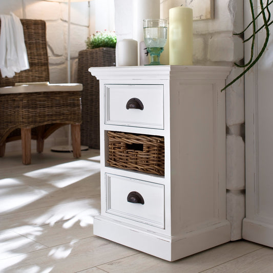 NovaSolo Halifax white timber bedside storage unit with 2 drawers, 1 basket and antique brass hardware.
