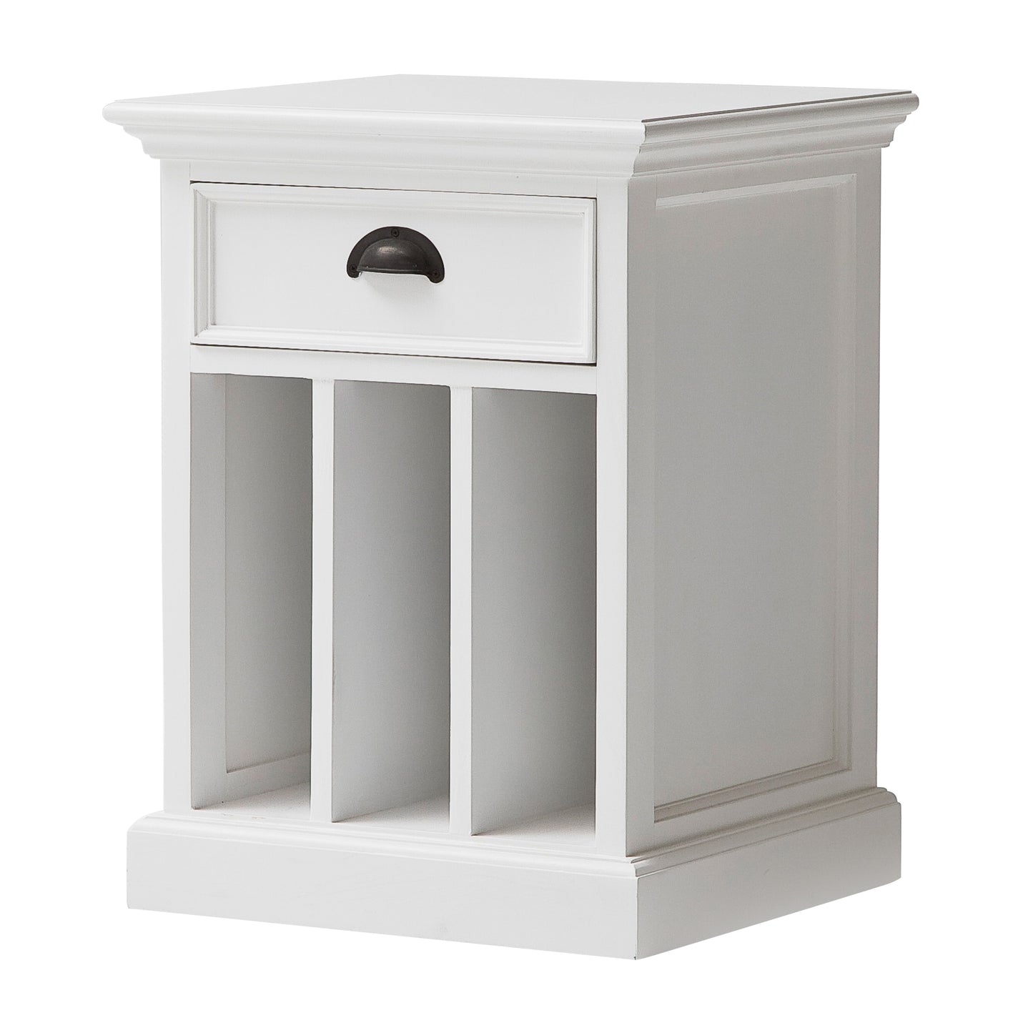 Slightly angled front view of a white timber bedside table with dividers, 1 drawer and antique brass hardware.