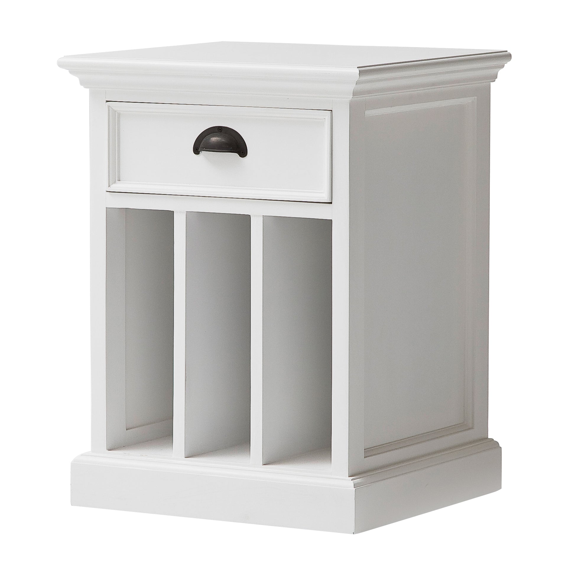 Slightly angled front view of a white timber bedside table with dividers, 1 drawer and antique brass hardware.