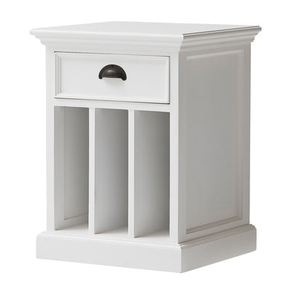 Slightly angled front view of a white timber bedside table with dividers, 1 drawer and antique brass hardware.