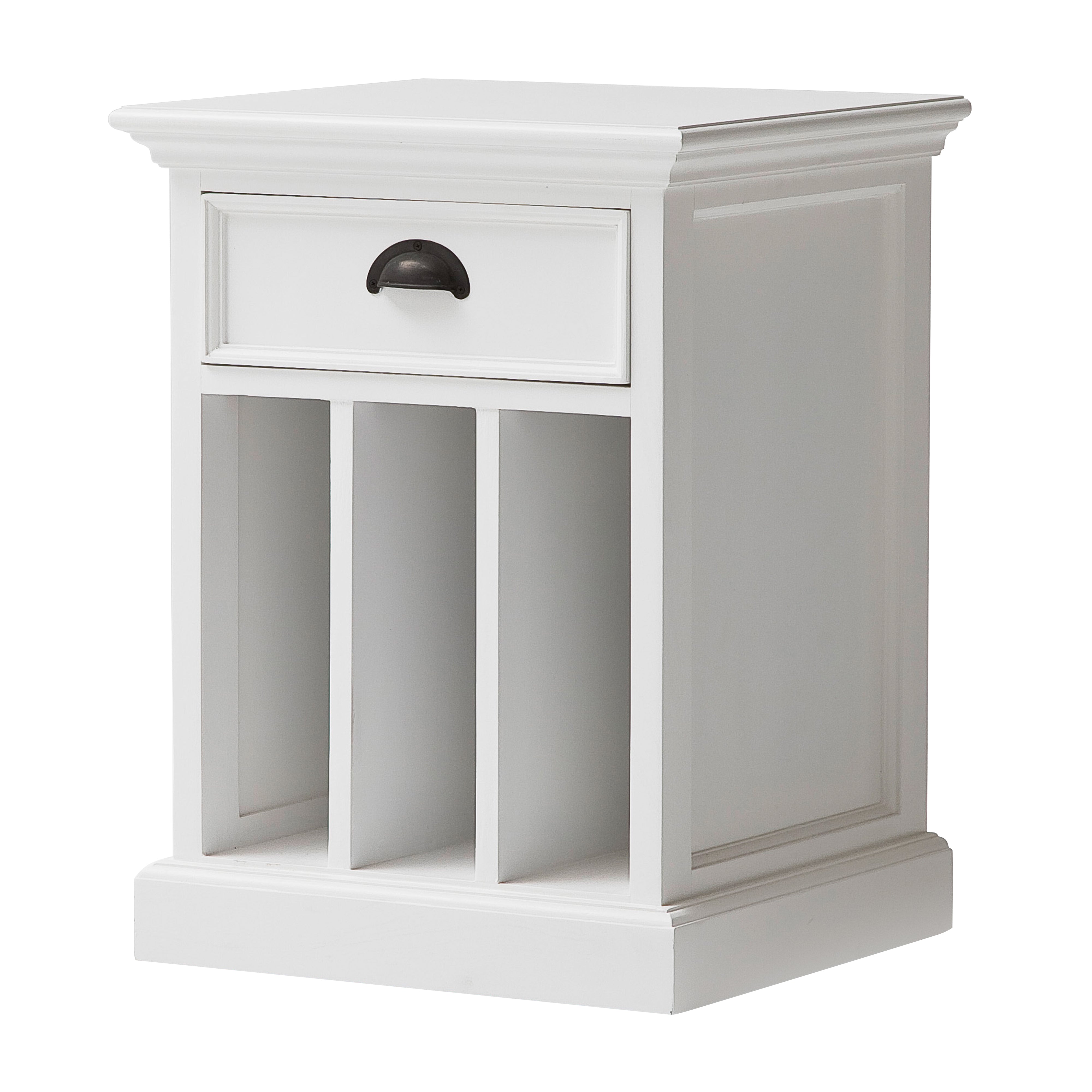 Slightly angled front view of a white timber bedside table with dividers, 1 drawer and antique brass hardware.