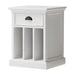 Slightly angled front view of a white timber bedside table with dividers, 1 drawer and antique brass hardware.