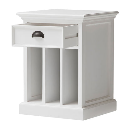 Slightly angled front view of a white timber bedside table with dividers, 1 drawer, which is open, and antique brass hardware.